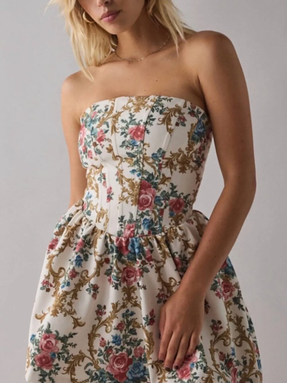 Kimchi Blue Strapless Cream Floral Sweetheart Neckline Baroque Print Dress Sz M